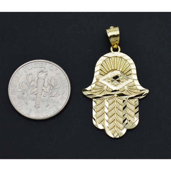 Real 10K Solid Yellow Gold Shiny Hamsa Hand Lucky Jewish Filigree Pendant 2.1gr - Picture 3 of 7